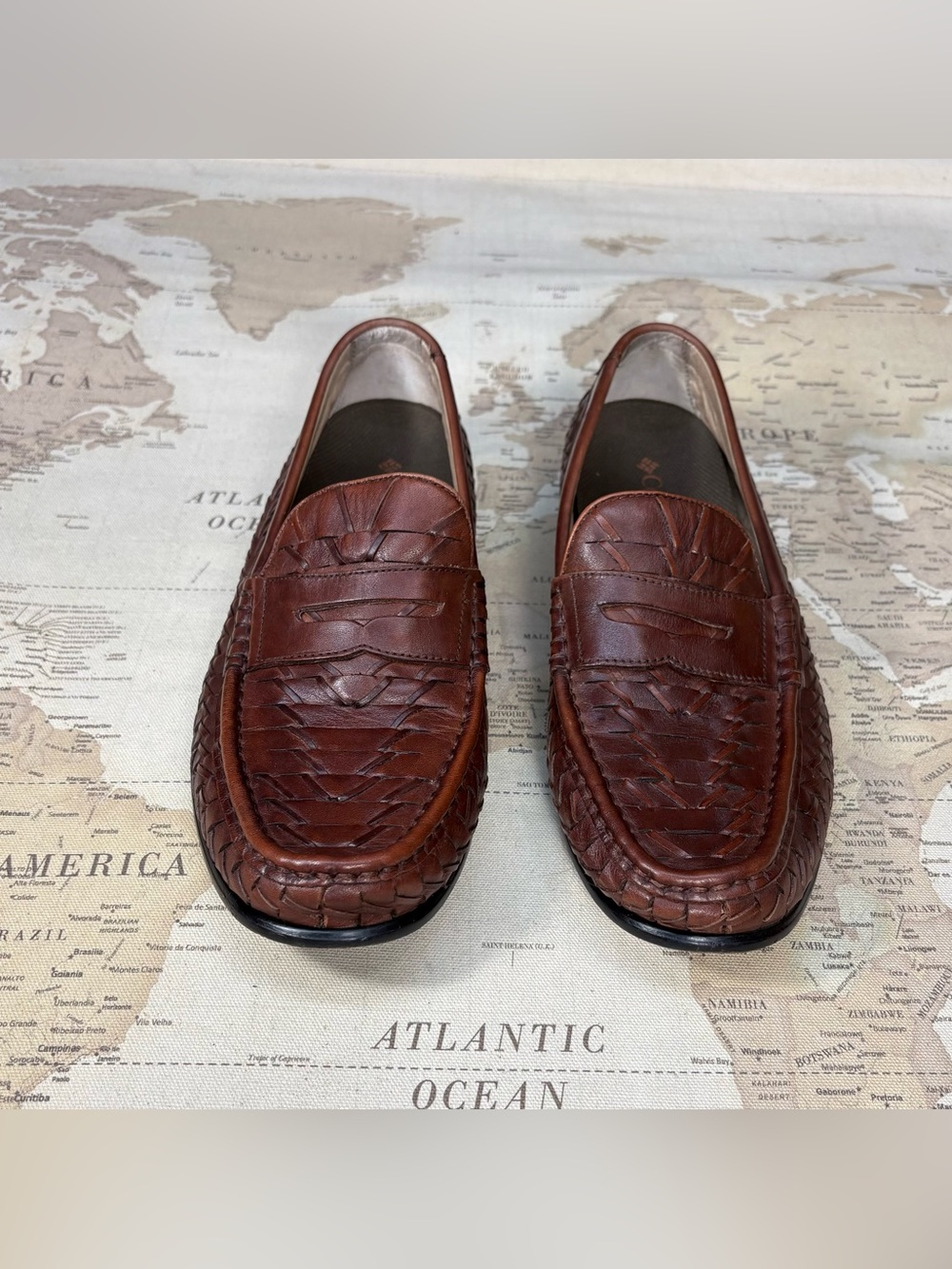Men’s Loafers 10.5 Italian Vero Cuoio Leather Woven Johnston & Murphy Brown EUC